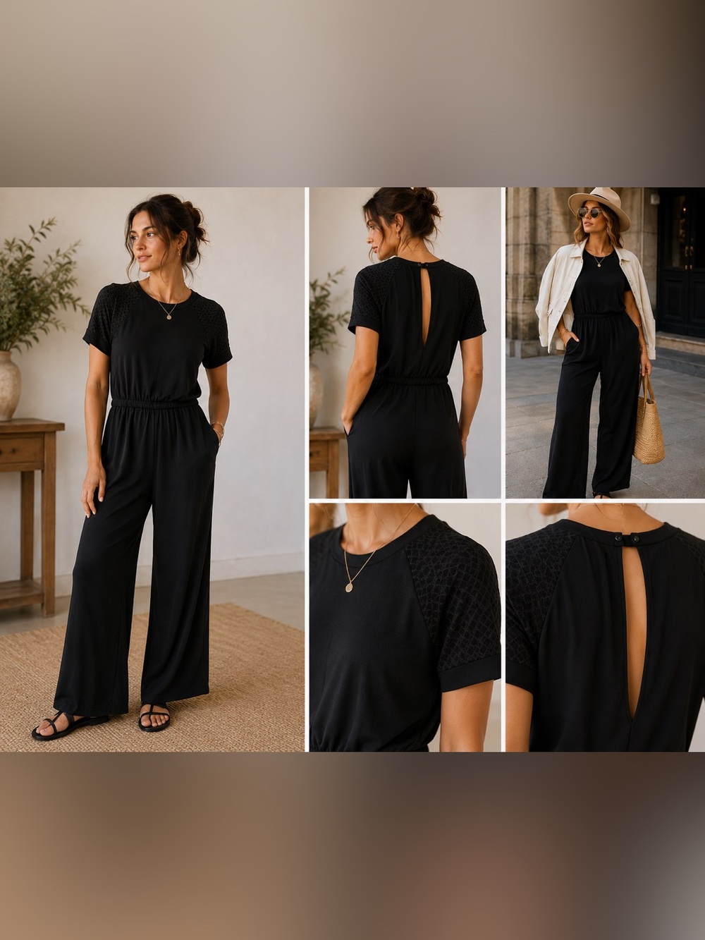 Anthropologie Black Short-Sleeve Wide-Leg Jumpsuit